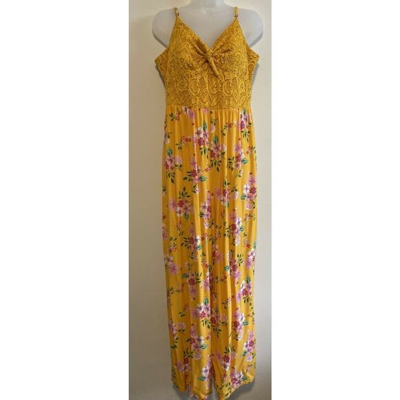 No Boundaries Pants - No Boundaries Jumpsuit Women XXL Yellow Floral Pre-Owned Wide-Leg No Pockets